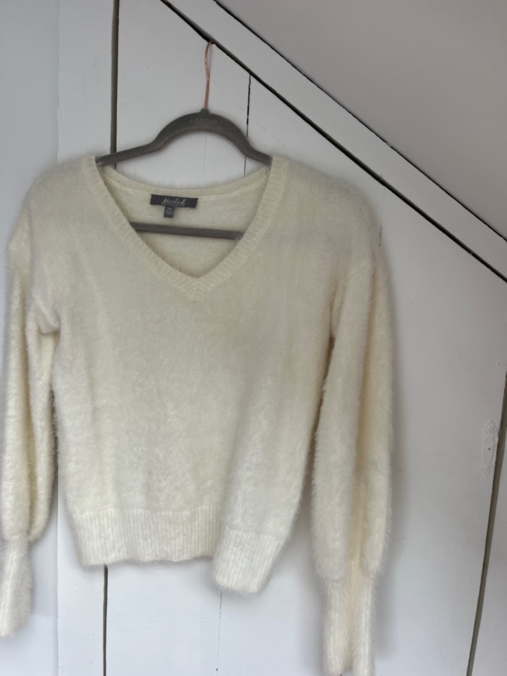 Marled Ivory V-Neck Fuzzy Knit Sweater - Women